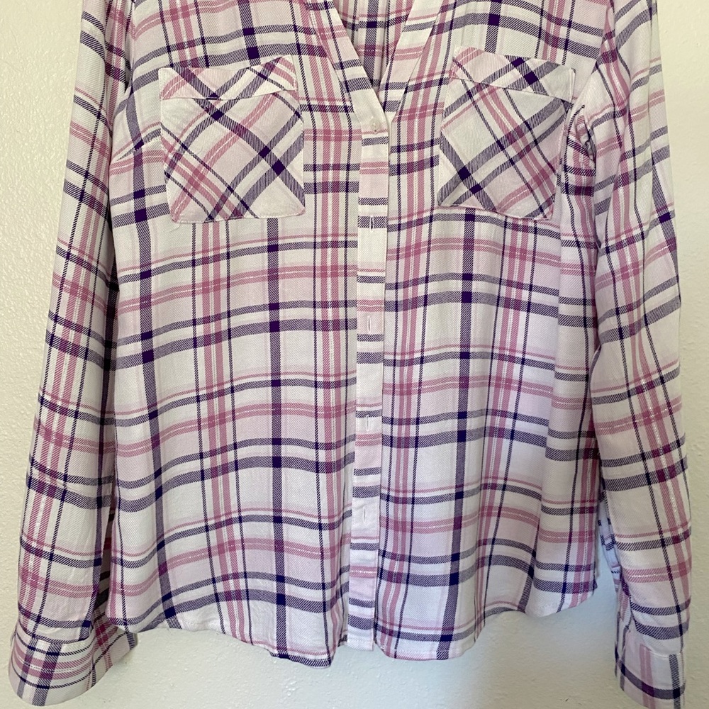 Woman’s long-sleeve blouse. Candies, M. Purple/plum plaid on cream background.